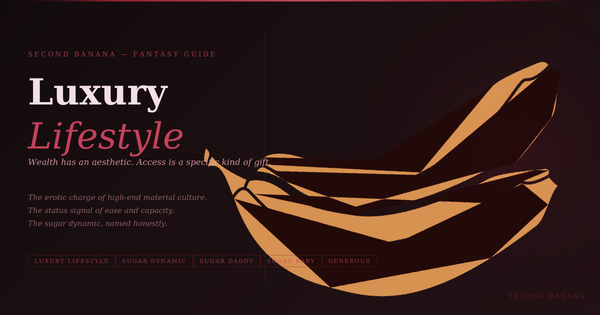Dark editorial header image for the Second Banana luxury lifestyle guide, burgundy and rose palette. A near-black background with a deep red rule across the top. Left column reads "Luxury" in bold dusty rose-white serif type at 72px and "Lifestyle" in rose italic at 72px, with the subtitle "Wealth has an aesthetic. Access is a specific kind of gift." in rose italic and the three-line tagline "The erotic charge of high-end material culture. The status signal of ease and capacity. The sugar dynamic, named honestly." Tag pills along the bottom left read Luxury Lifestyle, Sugar Dynamic, Sugar Daddy, Sugar Baby, Generous in deep rose. A banana illustration in warm rose-red tones lies diagonally across the right side. Second Banana branding lower right.