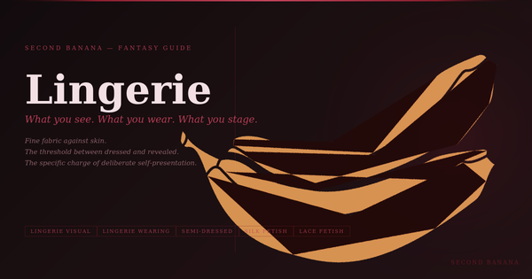Dark editorial header image for the Second Banana lingerie guide, burgundy and rose palette. A near-black background with a deep red rule across the top. Left column reads "Lingerie" in very large dusty rose-white bold serif type at 90px, with the subtitle "What you see. What you wear. What you stage." in rose italic and the three-line tagline "Fine fabric against skin. The threshold between dressed and revealed. The specific charge of deliberate self-presentation." Tag pills along the bottom left read Lingerie Visual, Lingerie Wearing, Semi-Dressed, Silk Fetish, Lace Fetish in deep rose. A banana illustration in warm rose-red tones lies diagonally across the right side. Second Banana branding lower right.