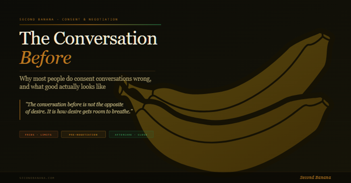 Dark burgundy background, split layout. Left column: "Second Banana — Fantasy & Kink Guide" logo top-left, "Fantasy & Kink Series" label, large bold italic title "Masturbation," descriptor text in rose italic, four bullet points covering self-knowledge, range of practice, specific practices (edging/mutual/JOI), and shame as cultural baggage. Right half: large gold banana bunch illustration on dark background. Burgundy rule top and bottom. "Second Banana" tagline bottom-right.