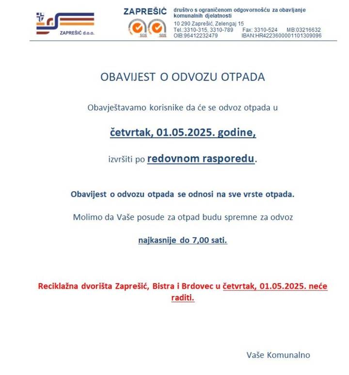Obavijest o odvozu otpada - fotografija 1