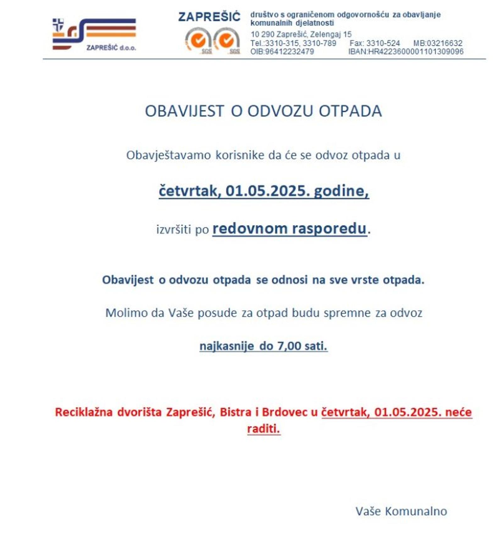 Obavijest o odvozu otpada - fotografija 1