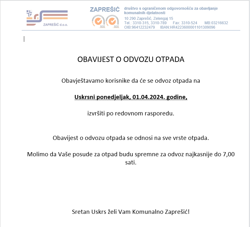 OBAVIJEST O ODVOZU OTPADA