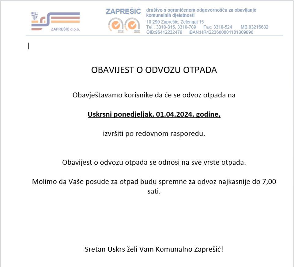 OBAVIJEST O ODVOZU OTPADA