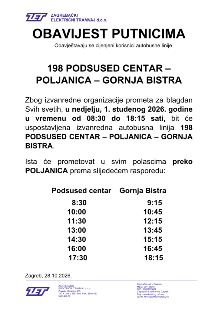 ZET-ova obavijest putnicima i vozni red izvanredne autobusne linije 198 za 1. studenog 2026.