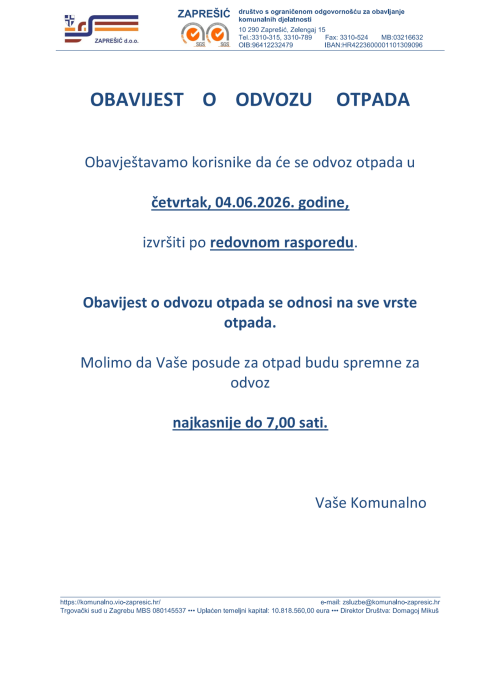 OBAVIJEST O ODVOZU OTPADA