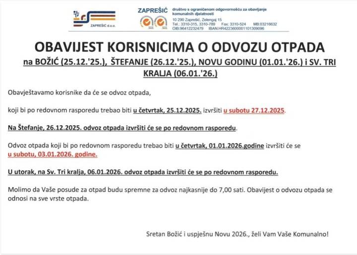 Obavijest o odvozu otpada za vrijeme blagdana - fotografija 1