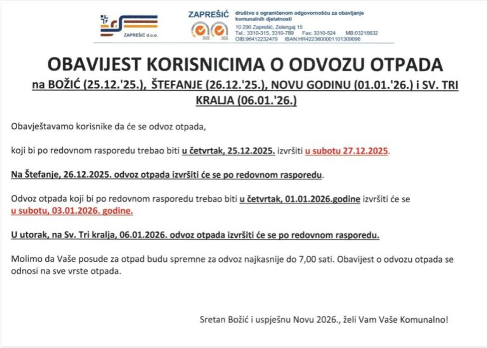 Obavijest o odvozu otpada za vrijeme blagdana - fotografija 1
