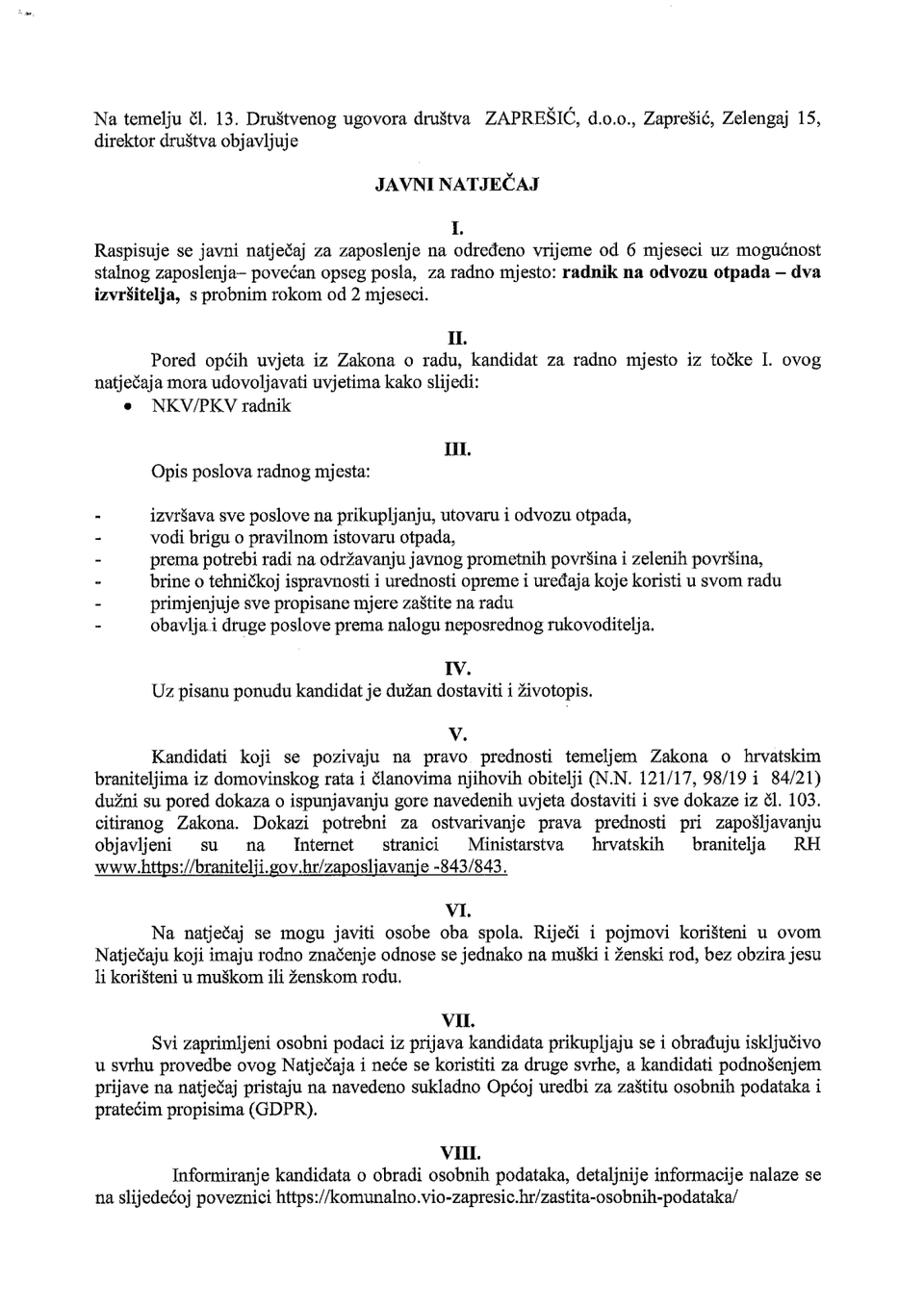 javni natječaj za radnika na odvozu otpada