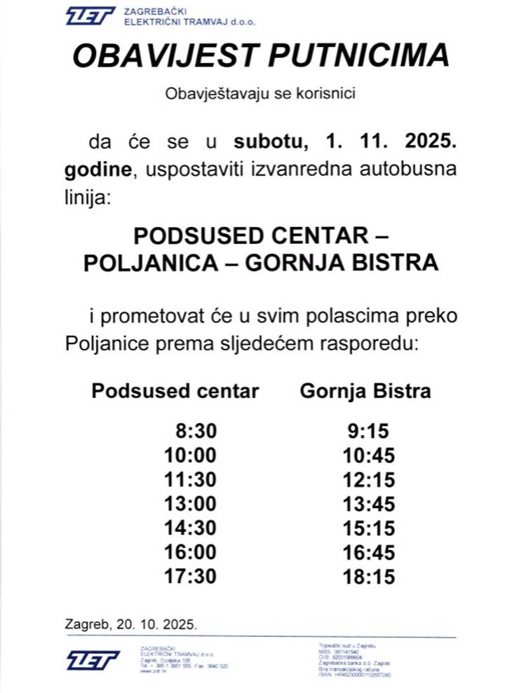 Obavijest o uvođenju izvanredne autobusne linije 198 Podsused centar – Poljanica – Gornja Bistra za blagdan Svi sveti. - fotografija 1