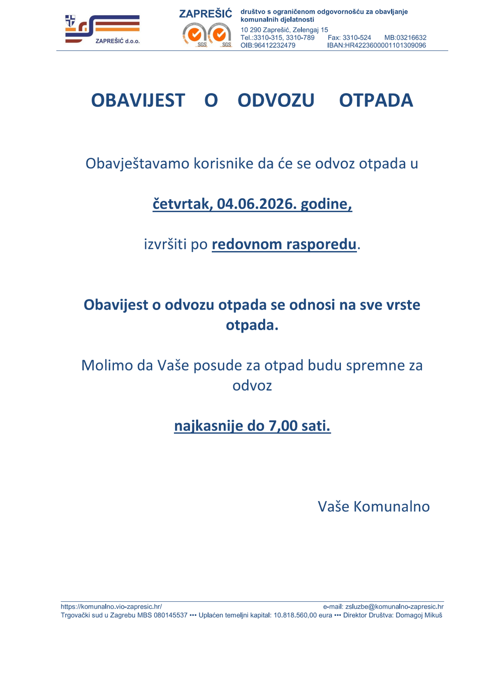Obavijest o odvozu otpada