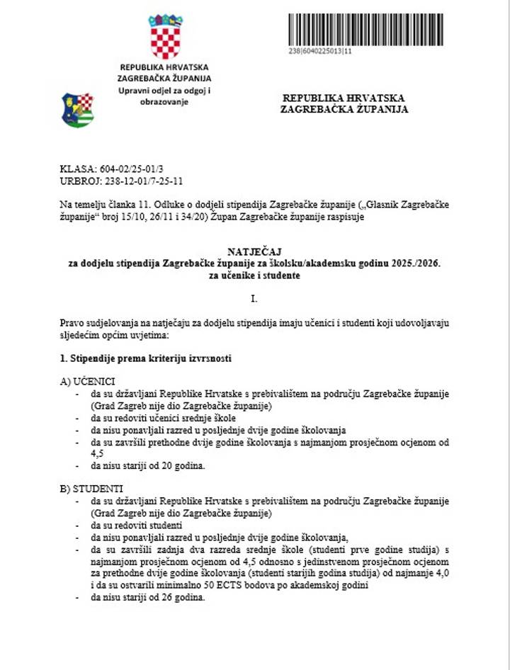 Zagrebačka županija je raspisala Natječaj za dodjelu stipendija Zagrebačke županije za školsku/akademsku godinu 2025./2026. za učenike i studente. - fotografija 1