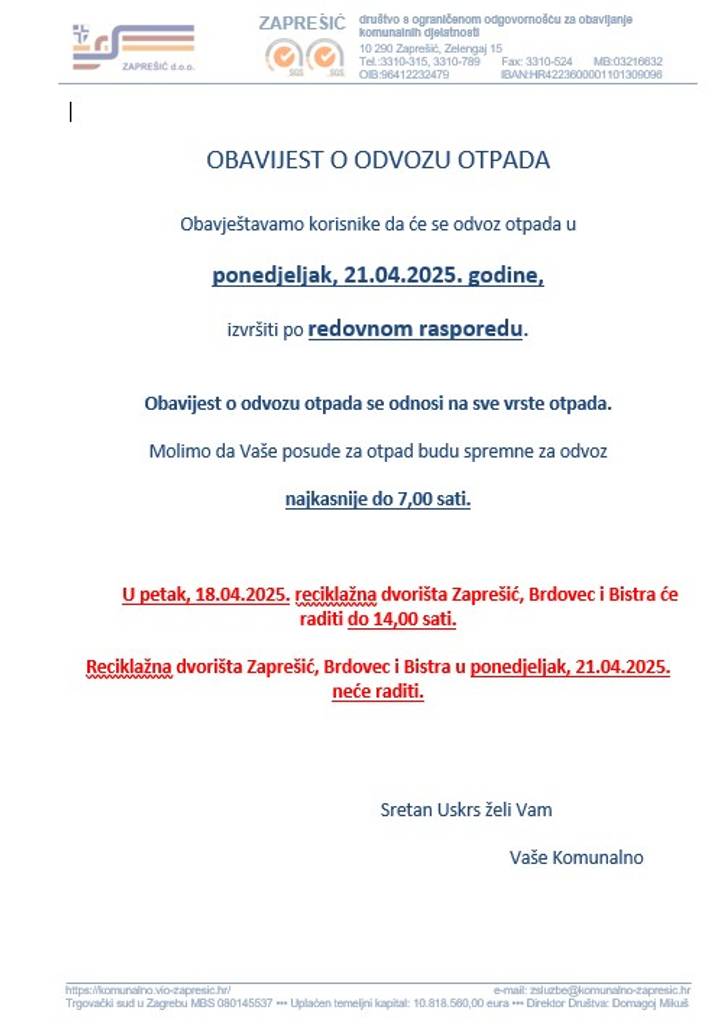 Obavijest o odvozu otpada - fotografija 1