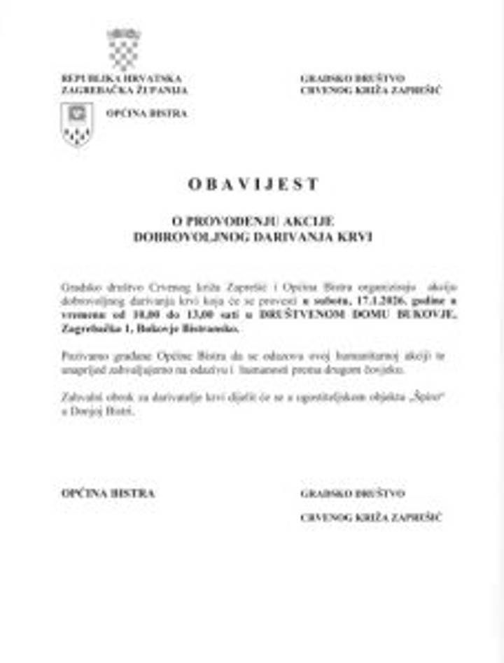 Obavijest - dobrovoljno darivanje krvi - fotografija 1