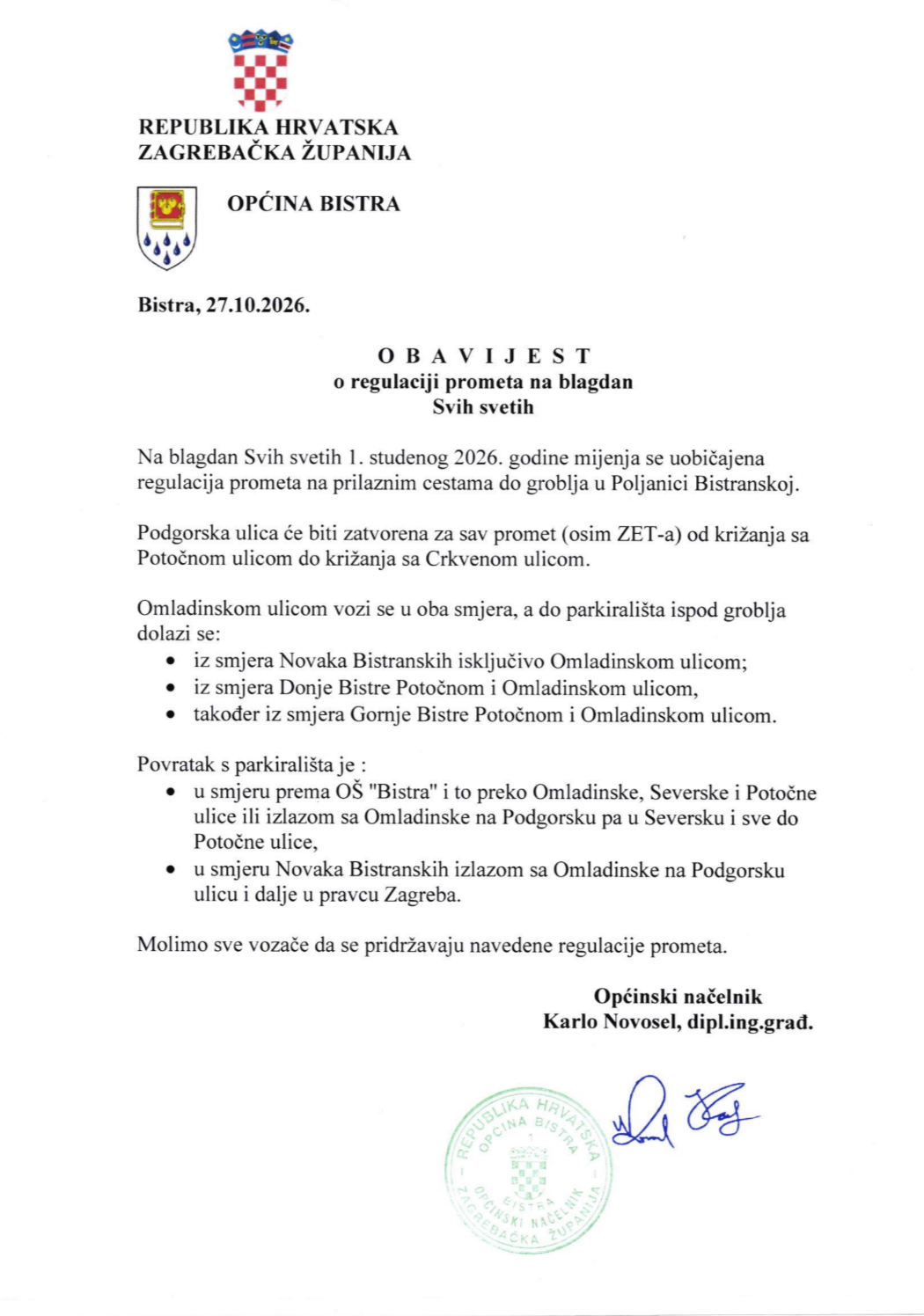 Obavijest Općine Bistra o regulaciji prometa na blagdan Svih svetih, 1. studenog 2026.