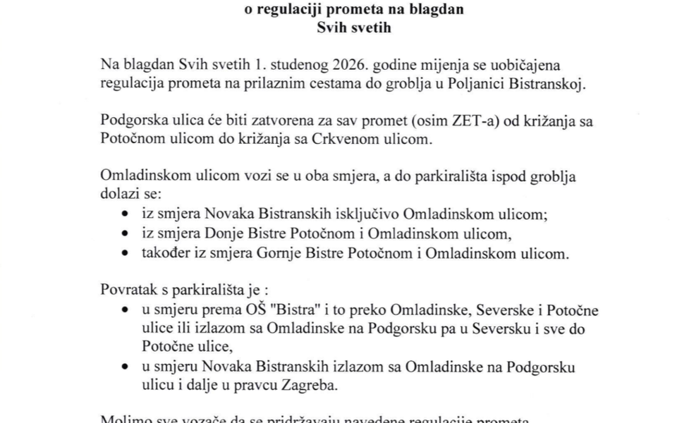 Obavijest Općine Bistra o regulaciji prometa na blagdan Svih svetih, 1. studenog 2026.