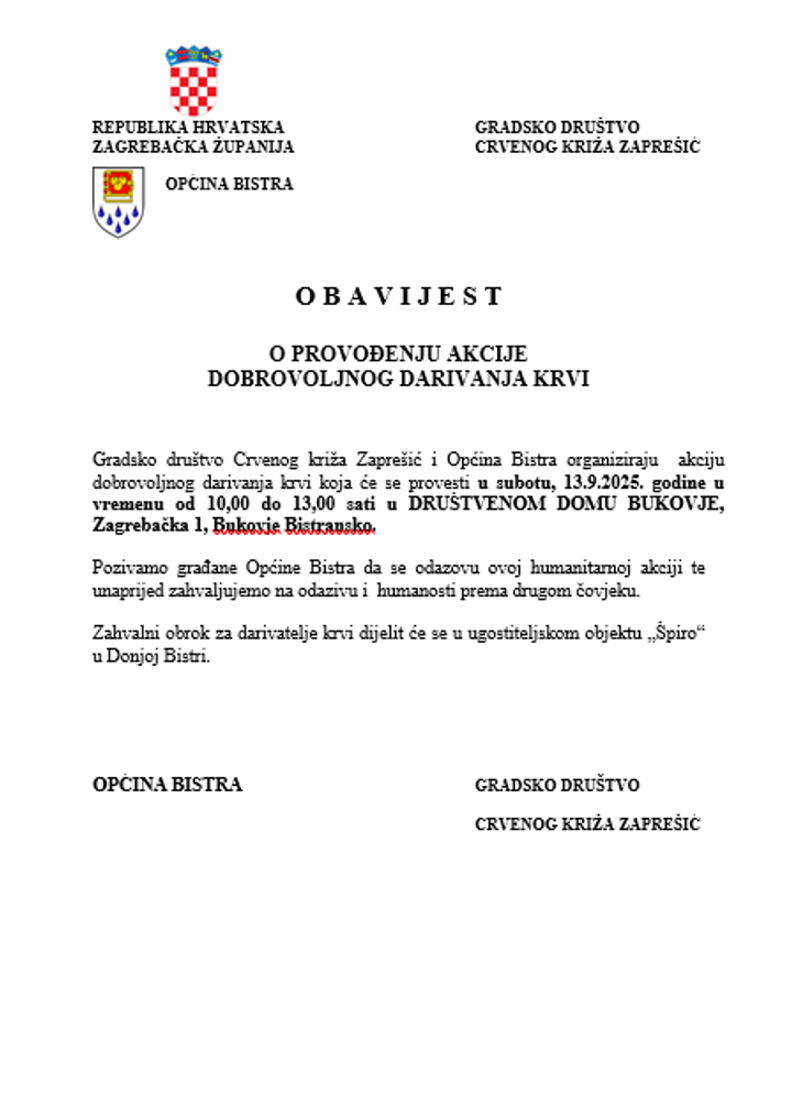 OBAVIJEST O PROVOĐENJU AKCIJE DOBROVOLJNOG DARIVANJA KRVI - fotografija 1