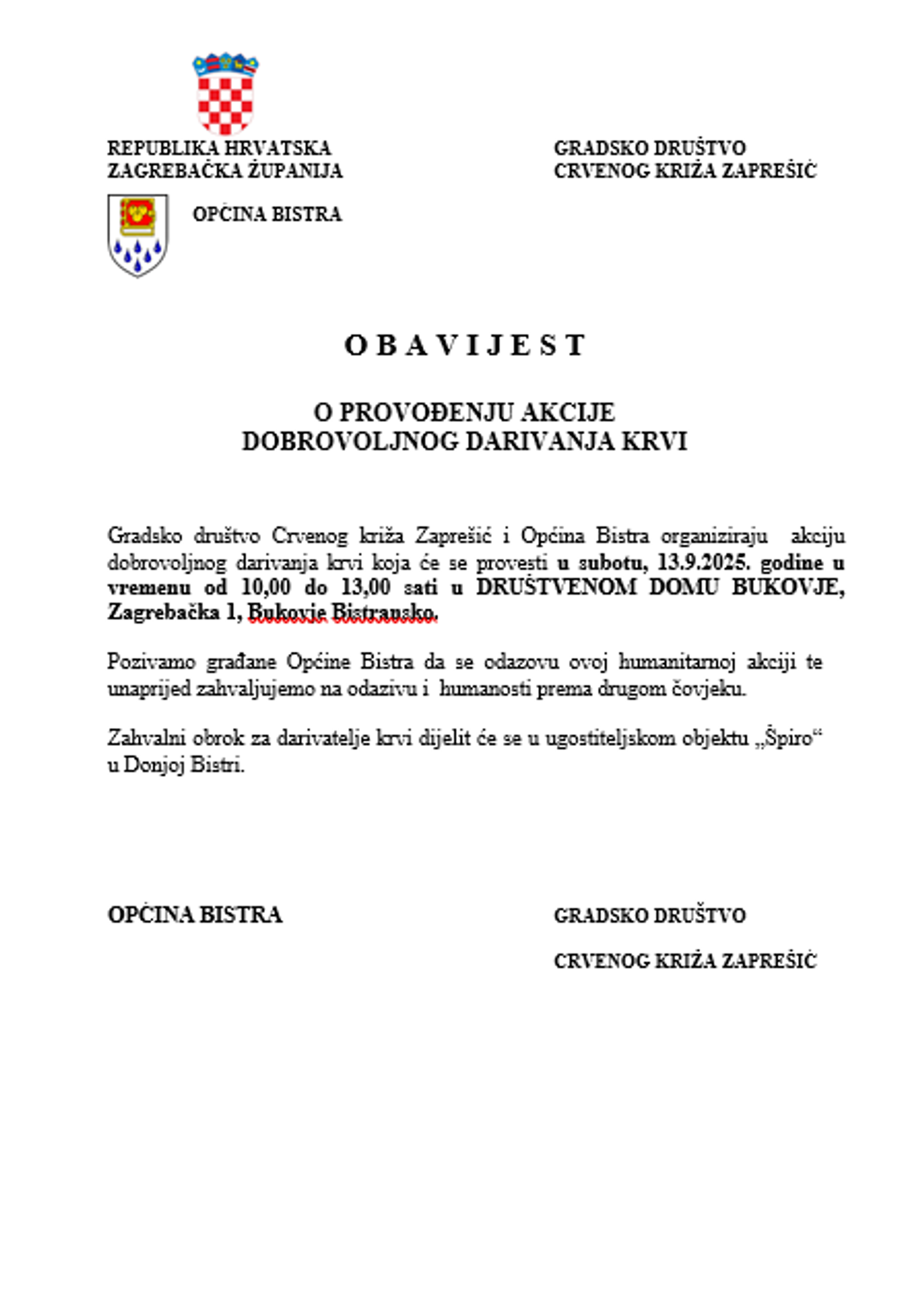 OBAVIJEST O PROVOĐENJU AKCIJE DOBROVOLJNOG DARIVANJA KRVI - fotografija 1