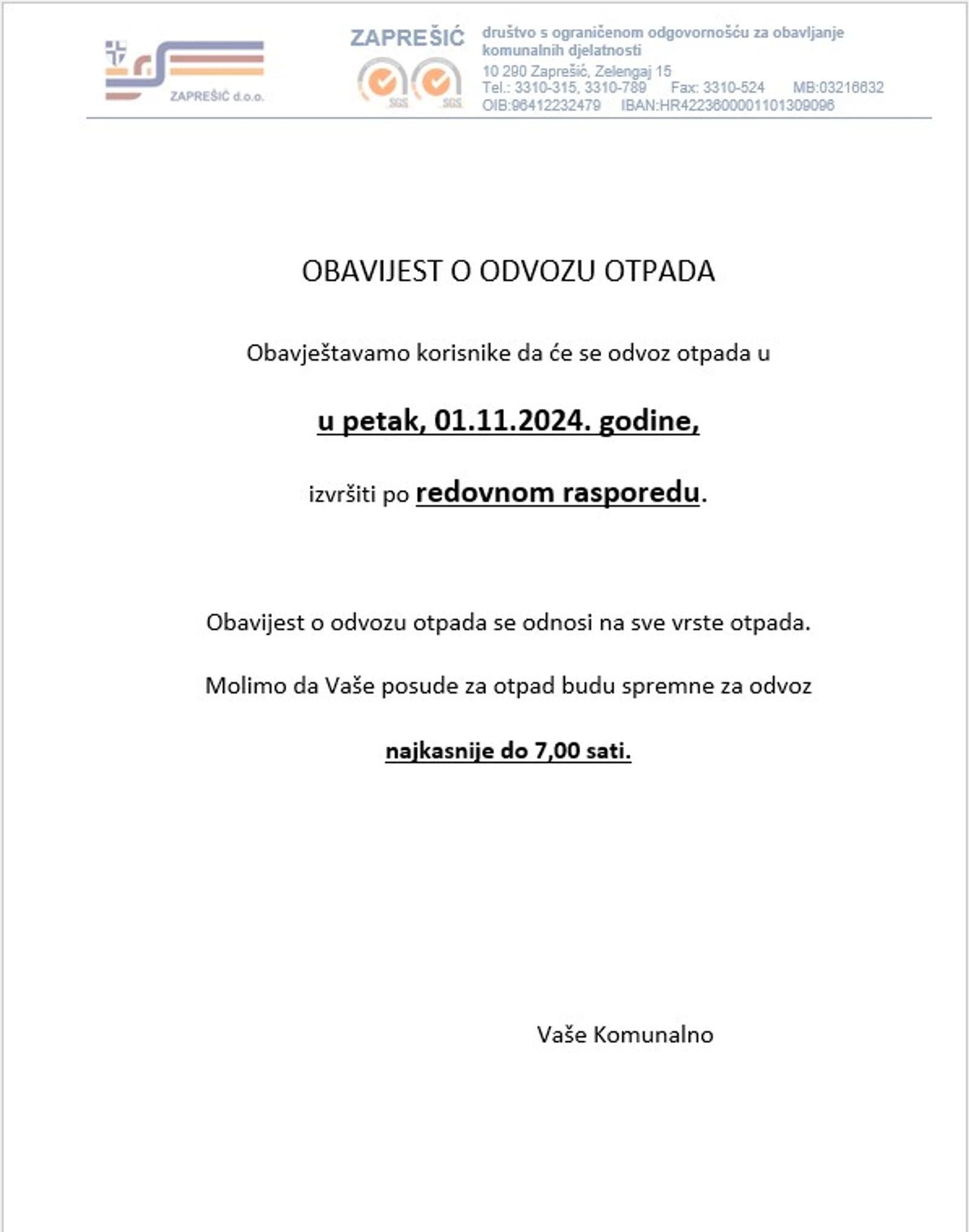 Obavijest o odvozu otpada 01.11.2024. godine. - fotografija 1