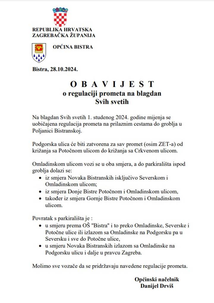 Obavijest o regulaciji prometa za blagdan Svih svetih. - fotografija 1