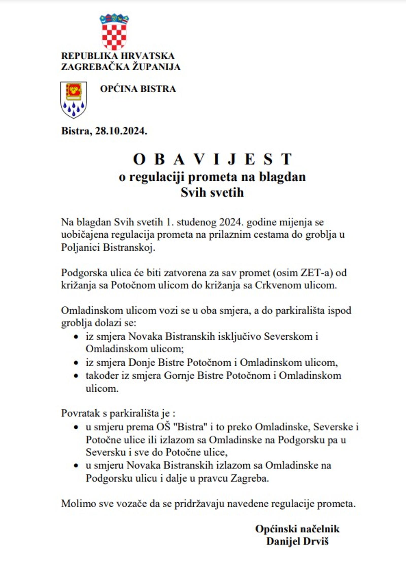 Obavijest o regulaciji prometa za blagdan Svih svetih. - fotografija 1