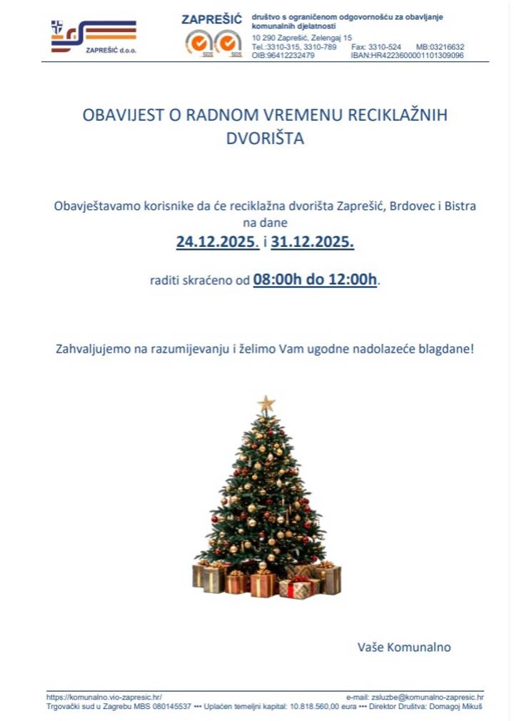 Obavijest o skraćenom radnom vremenu reciklažnih dvorišta na badnjak i staru godinu - fotografija 1