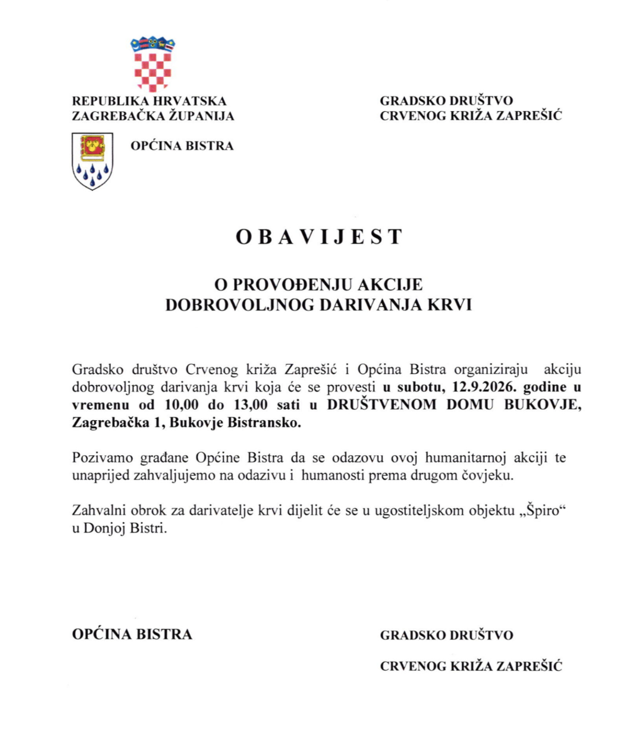 OBAVIJEST O PROVOĐENJU AKCIJE DOBROVOLJNOG DARIVANJA KRVI