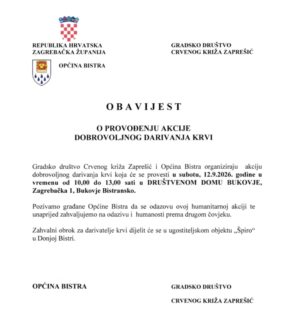 OBAVIJEST O PROVOĐENJU AKCIJE DOBROVOLJNOG DARIVANJA KRVI
