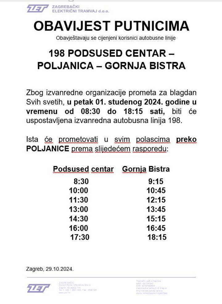 Obavijest putnicima o uvođenju izvanredne autobusne linije broj 198 Podsused centar – Poljanica – Gornja Bistra za blagdan Svih svetih. - fotografija 1