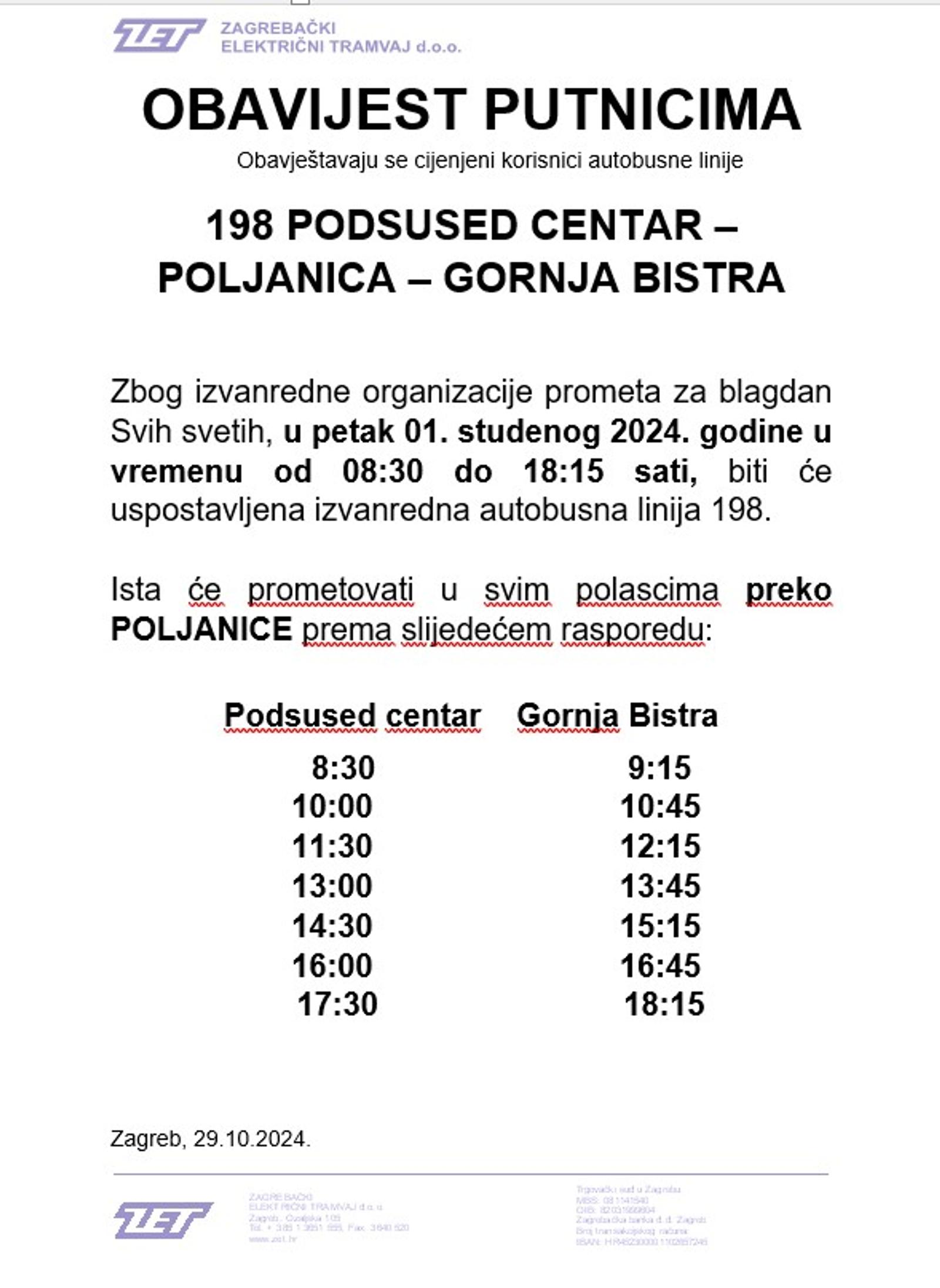 Obavijest putnicima o uvođenju izvanredne autobusne linije broj 198 Podsused centar – Poljanica – Gornja Bistra za blagdan Svih svetih. - fotografija 1