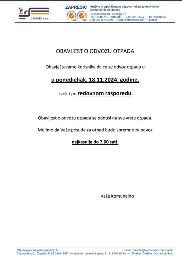 Obavijest o odvozu otpada 18.11.2024. - fotografija 1