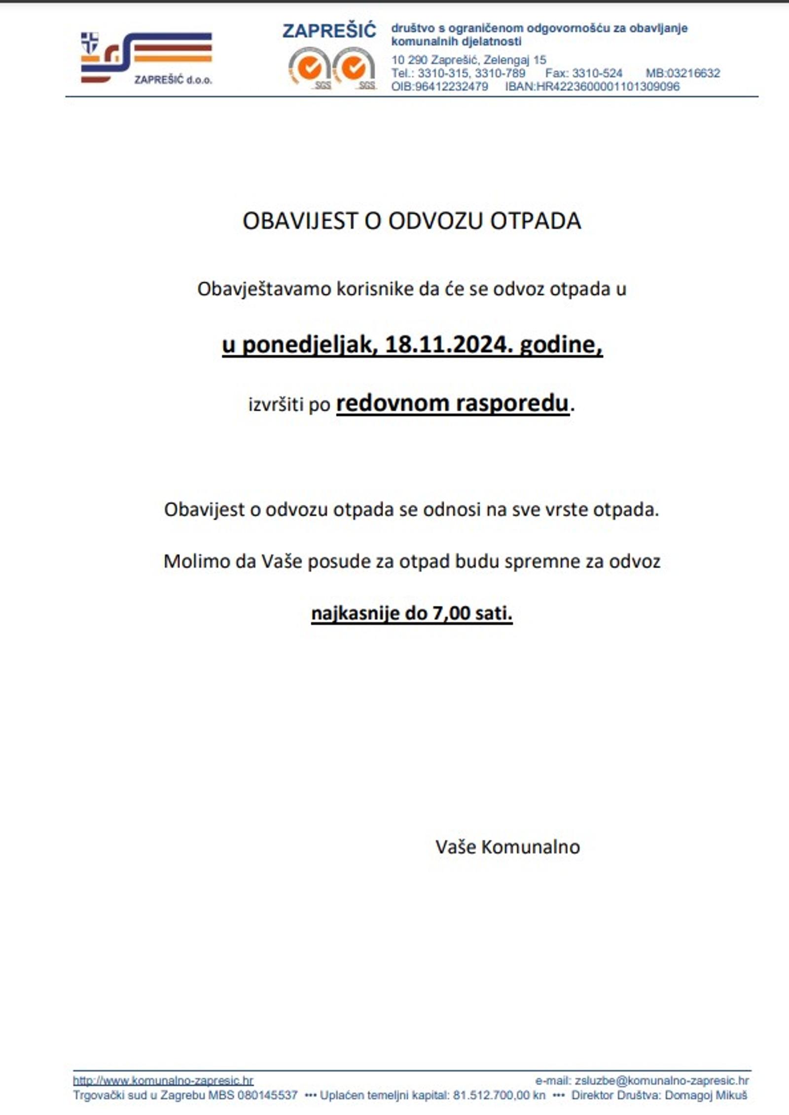 Obavijest o odvozu otpada 18.11.2024. - fotografija 1