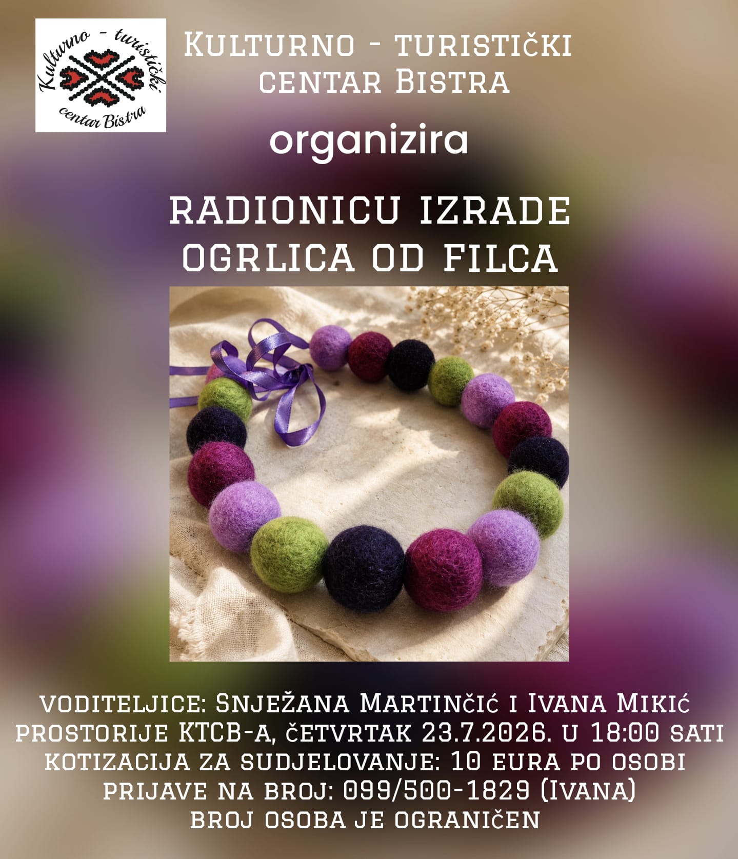 Kulturno – turistički centar Bistra organizira radionicu izrade ogrlica od filca