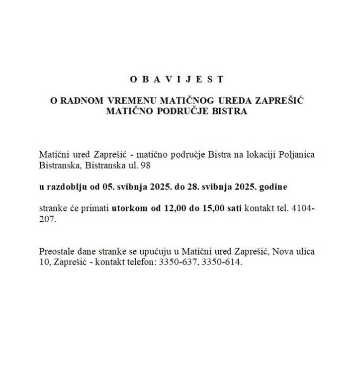 Obavijest o radnom vremenu Matičnog ureda - fotografija 1