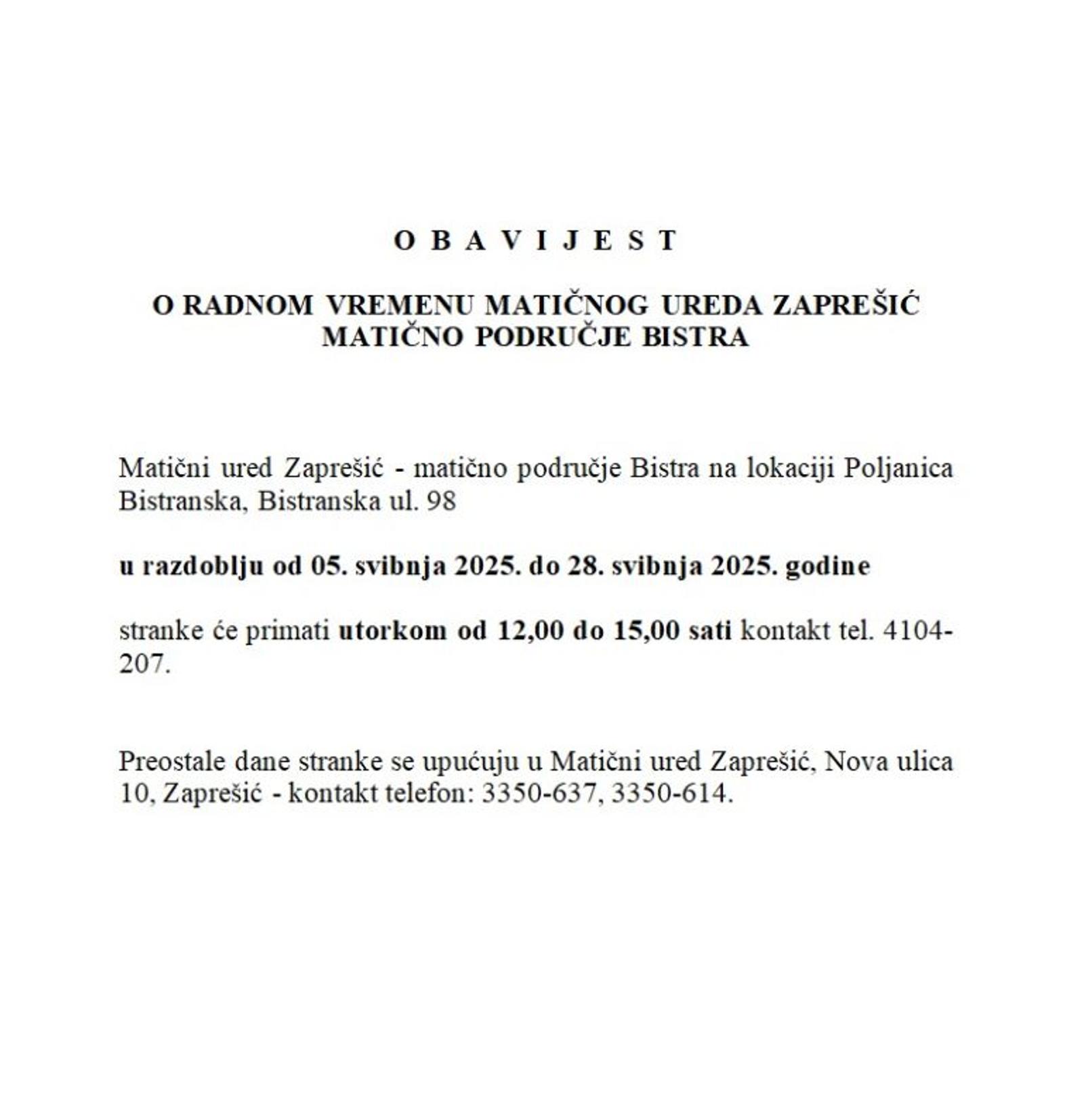 Obavijest o radnom vremenu Matičnog ureda - fotografija 1