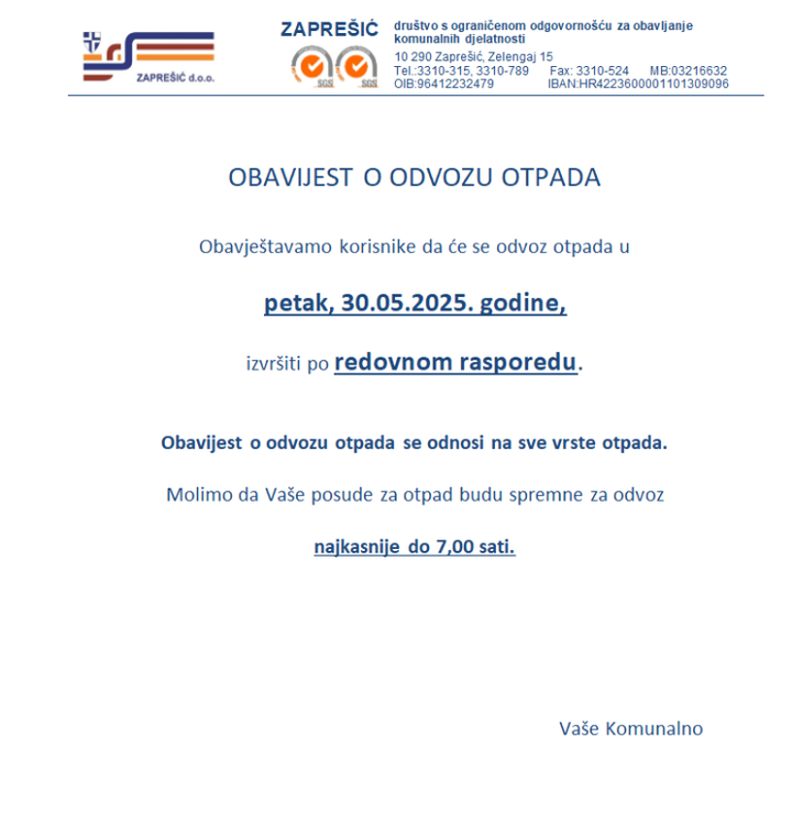Obavijest o odvozu otpada u petak, 30.05.2025. - fotografija 1