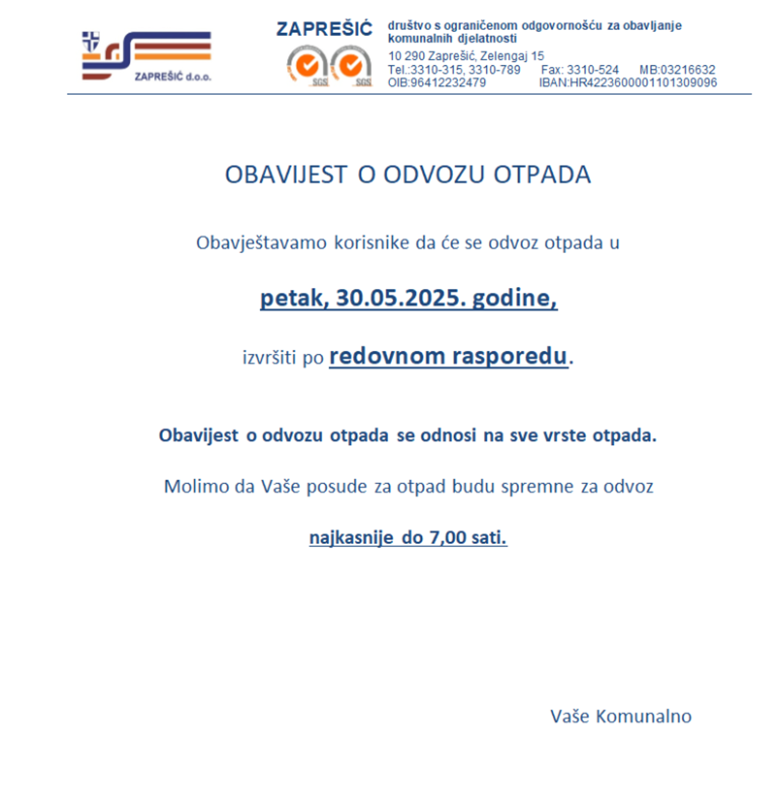 Obavijest o odvozu otpada u petak, 30.05.2025. - fotografija 1