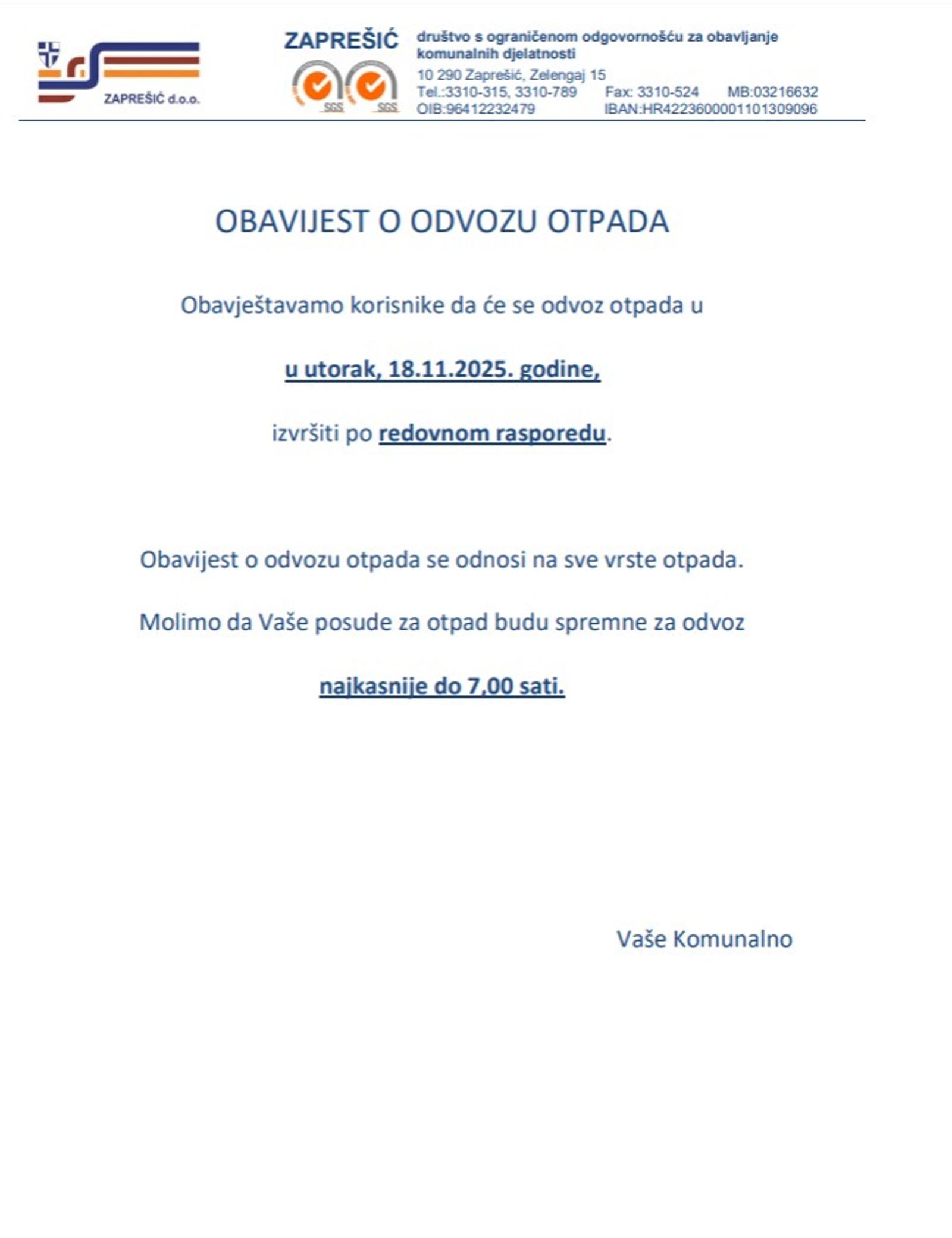 OBAVIJEST O ODVOZU OTPADA - fotografija 1