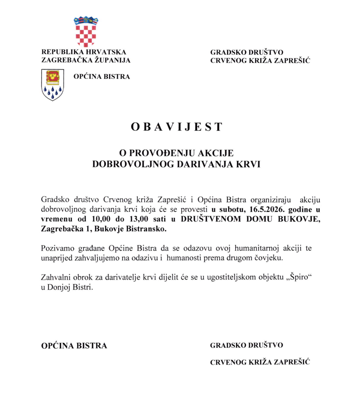 OBAVIJEST O PROVOĐENJU AKCIJE DOBROVOLJNOG DARIVANJA KRVI