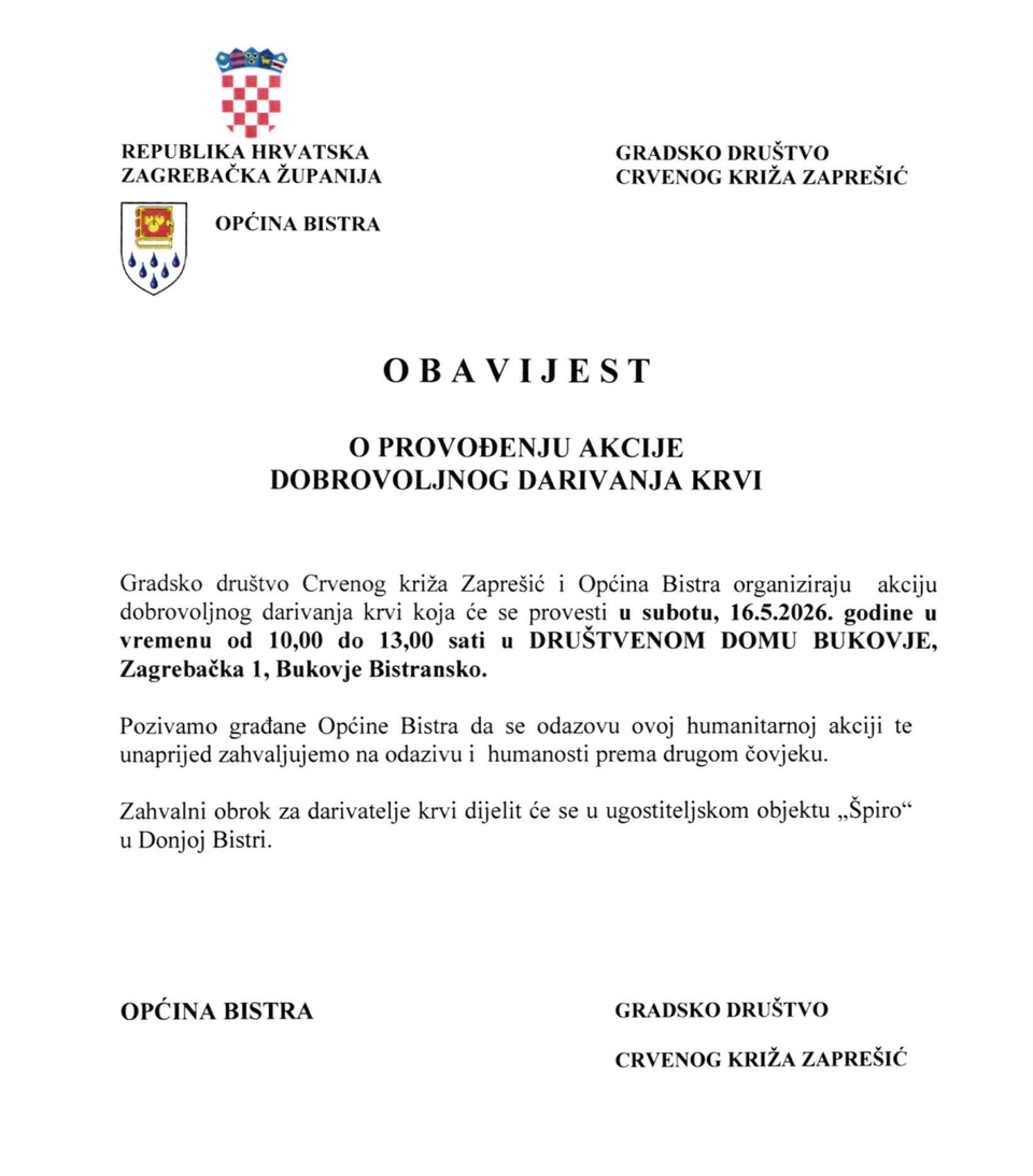 OBAVIJEST O PROVOĐENJU AKCIJE DOBROVOLJNOG DARIVANJA KRVI
