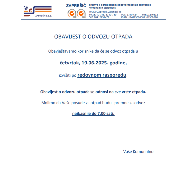 Obavijest o odvozu otpada u četvrtak 19. 6. 2025. - fotografija 1