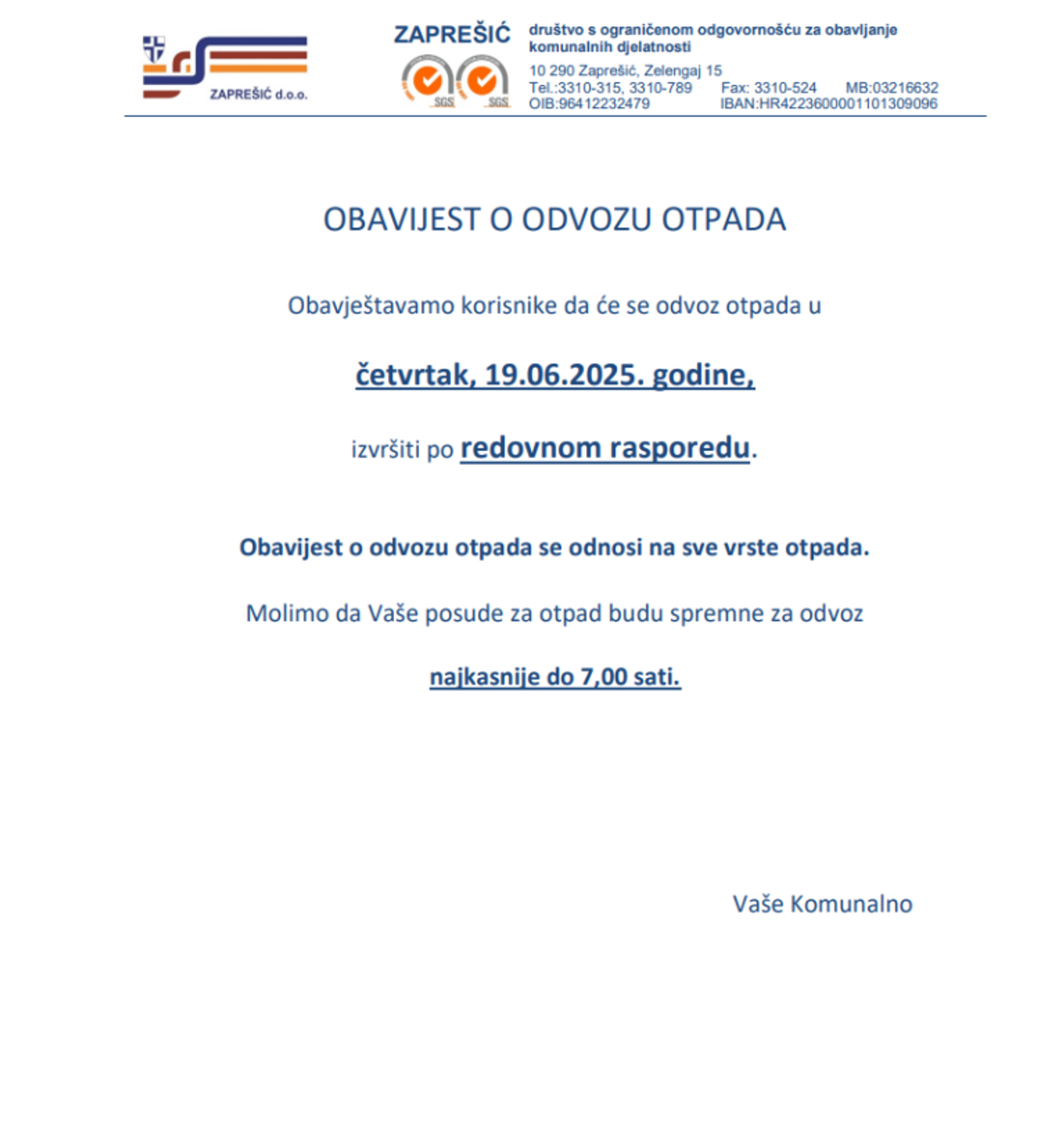 Obavijest o odvozu otpada u četvrtak 19. 6. 2025. - fotografija 1