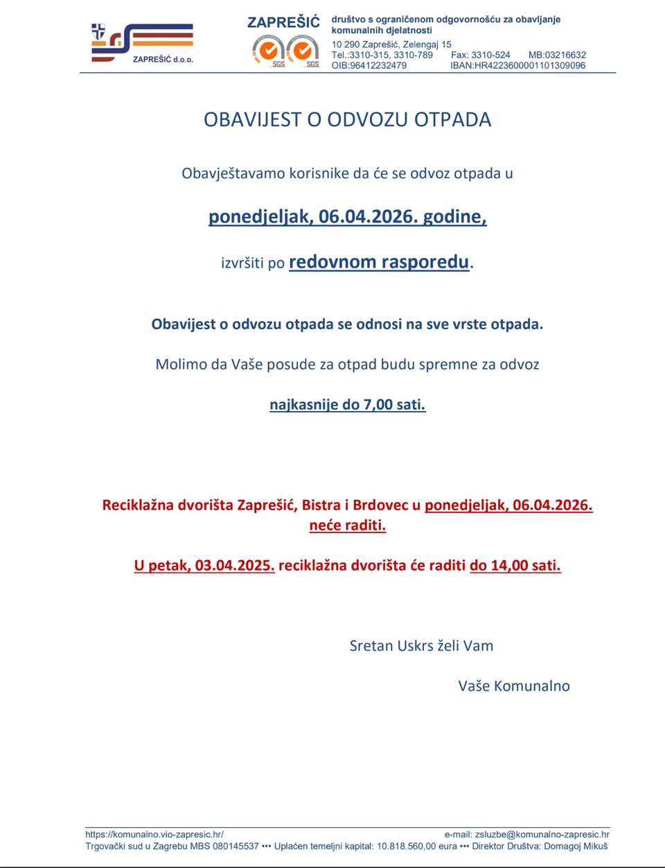 OBAVIJEST O ODVOZU OTPADA