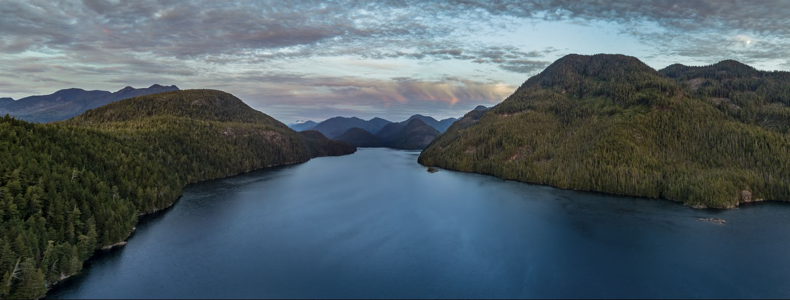 Panoramic view of British Columbia's coastal mountains and inlet waters