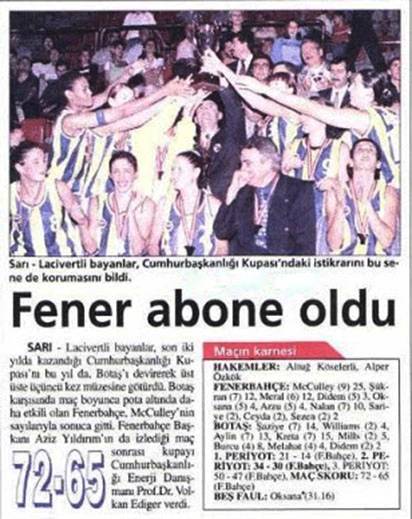 6 Ekim 2001 - Basketbolda Cumhurbaşkanlığı Kupası Fenerbahçe 'nin