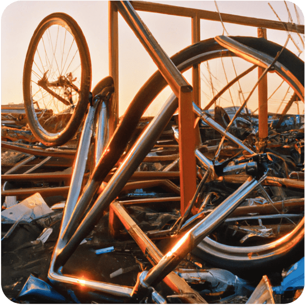 An old bike frame seen in a rubbish dump in golden hour lighting, 35mm