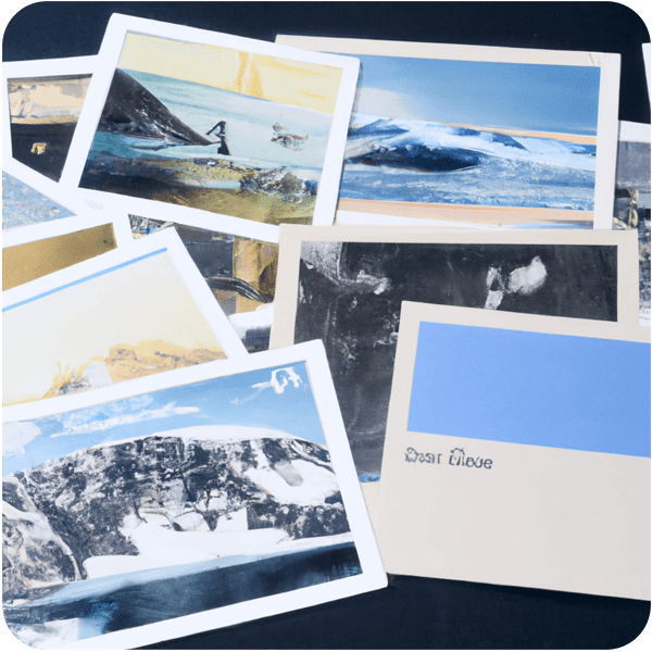 Close up of a pile of vintage postcards from the Antarctic, 35mm