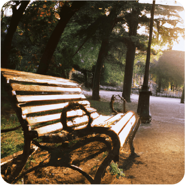 An empty park bench in Italy seen in a warm golden glow, 35mm