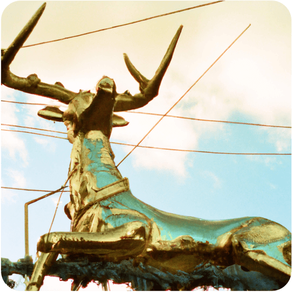 Scene from a memory about a golden statue of a stag on a carnival float in the streets of Brazil