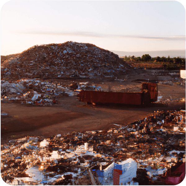 Scene from a memory about a large rubbish dump seen in golden hour lighting