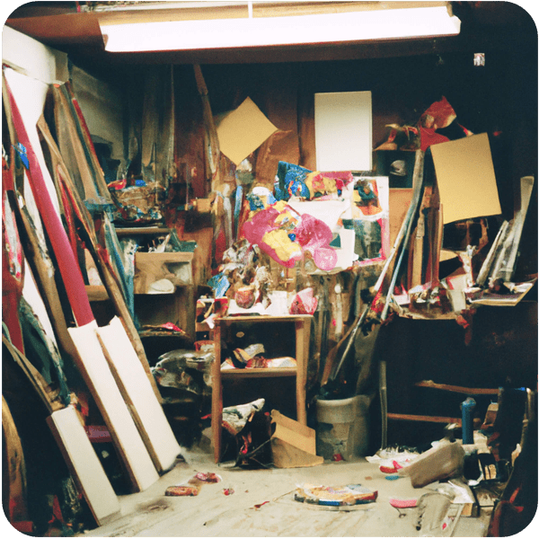 Scene from a memory about a garage full of junk turned into an art studio, 35mm